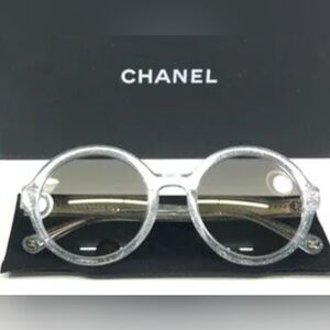CHANEL Clear glitter shimmer Round Frame Sunglasses with Gray Lenses